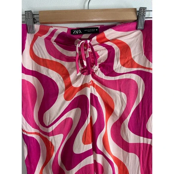Zara Pink Orange Psychedelic Swirl Halter Top & Wide Leg Pants Set M Disco Retro - Picture 9 of 16